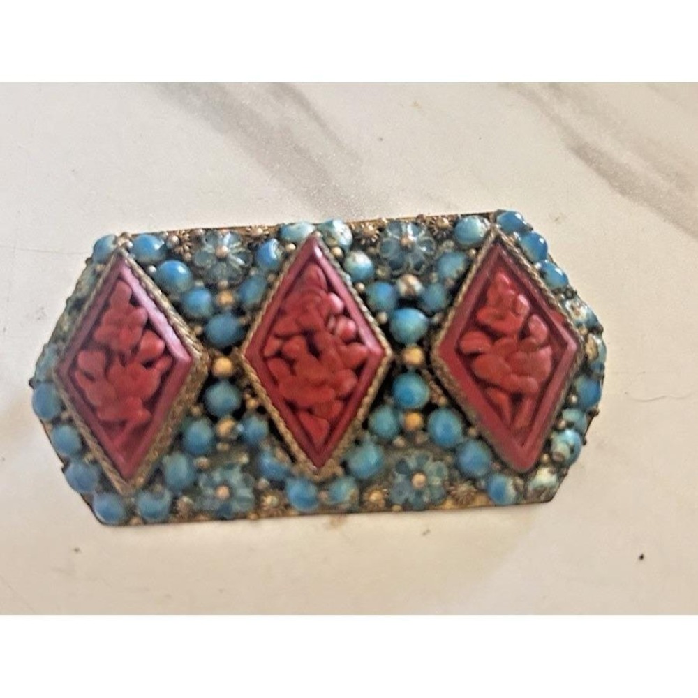 Vintage Nepal Brooch Pin Brass Coral & Turquoise Inlay Tibetan Tribal Jewelry